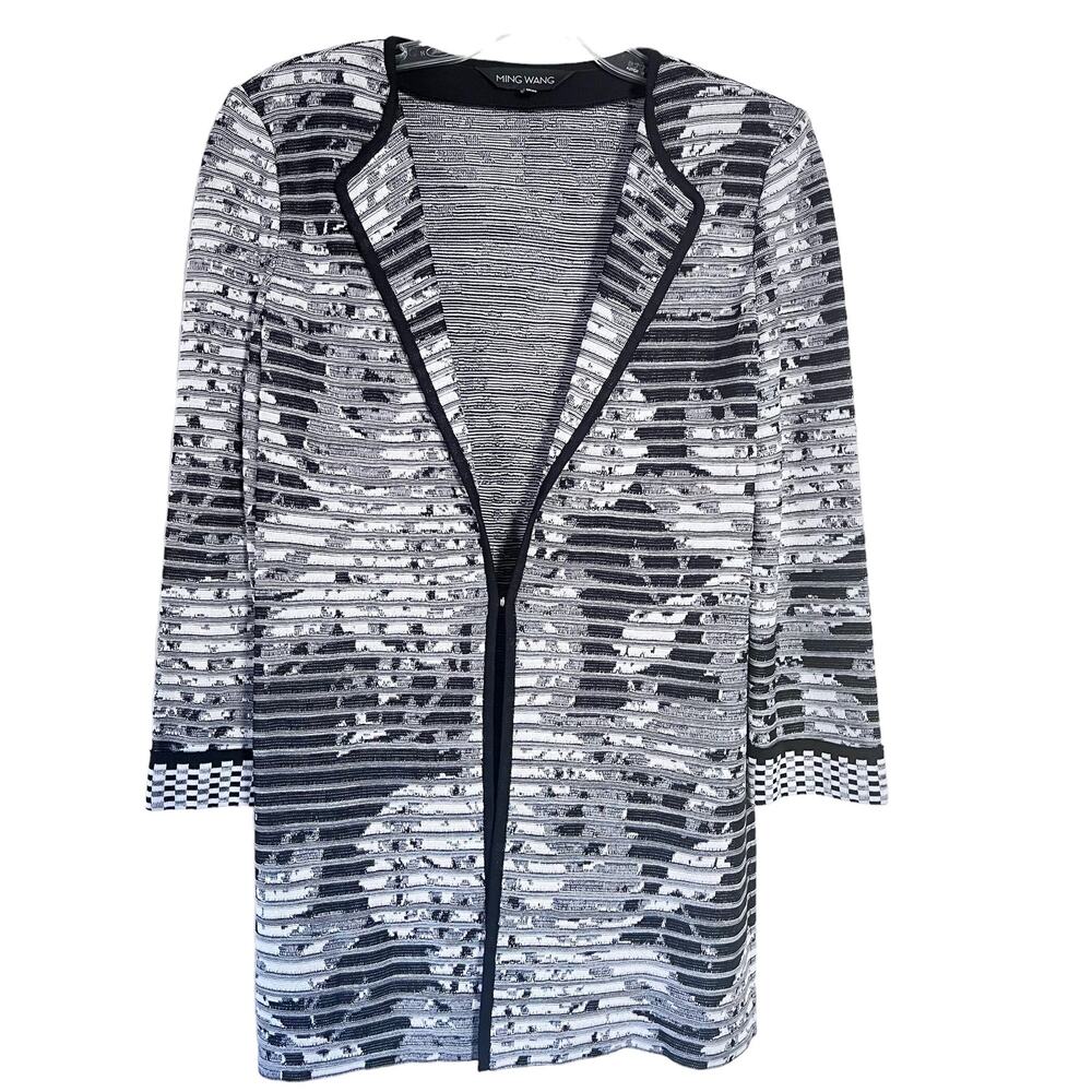Ming Wang Black White Textured Ribbed Knit Striped Sweater Jacket Small